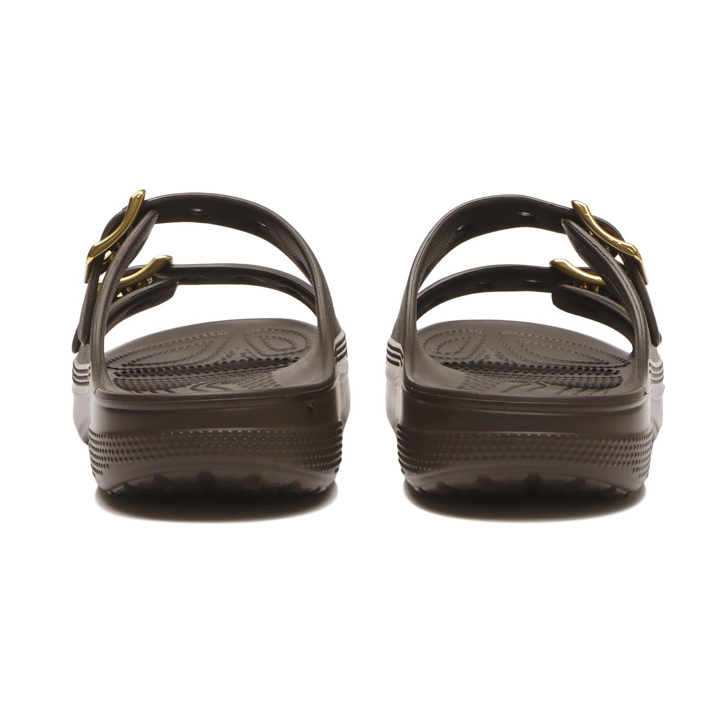 マロン様　ブラックレザーサンダル ゴールドロゴ付き crocs】 クロックス SATURADAY METALLIC BUCKLE SDL サタデー
